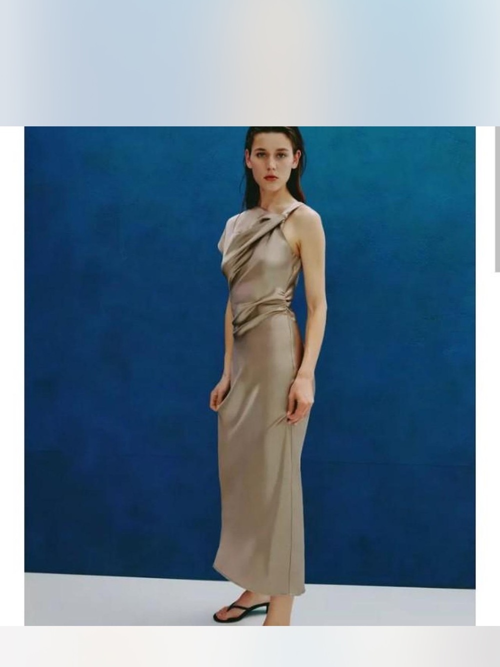 Zara Taupe Satin Twist-Neck Midi Dress